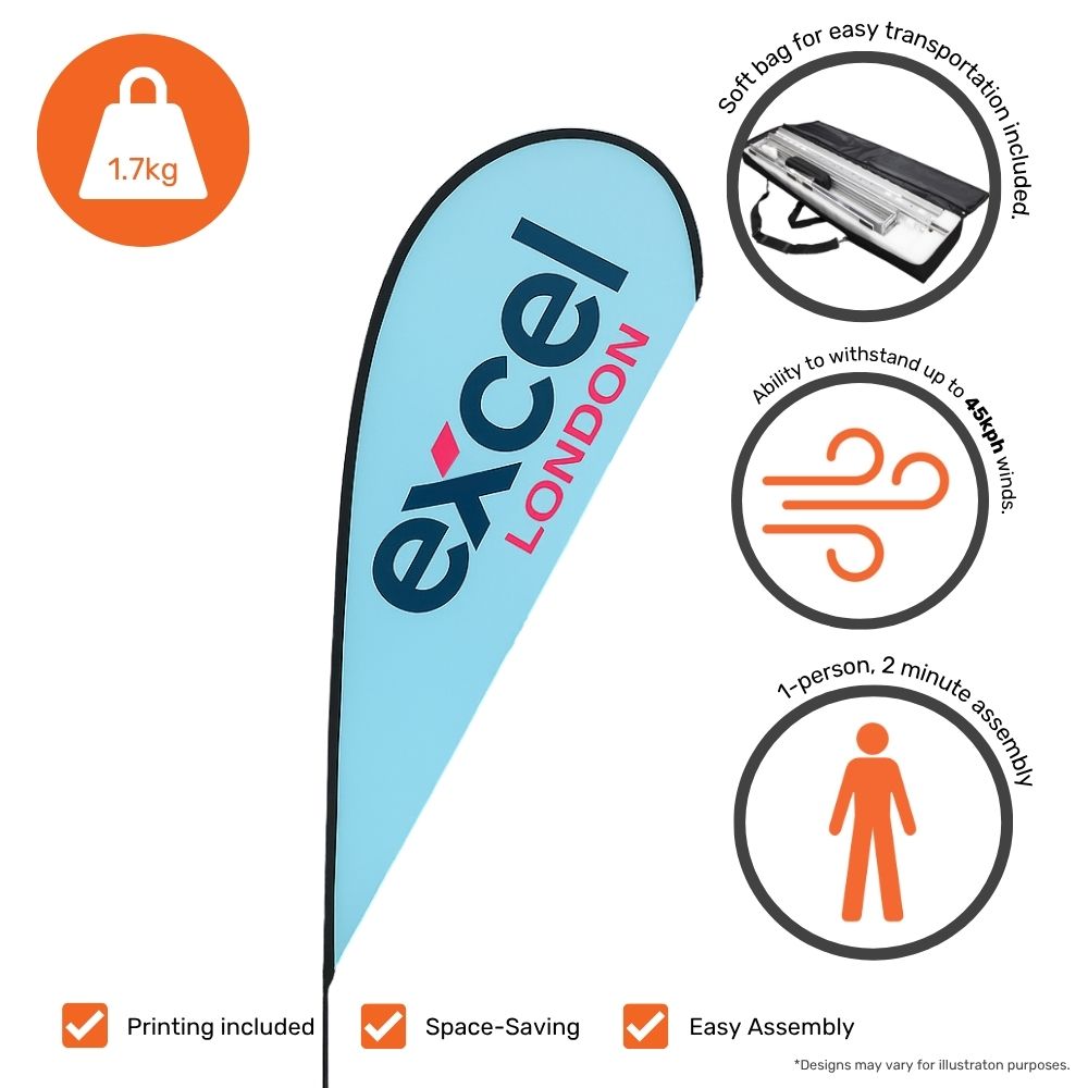 Custom printed teardrop flag – single-sided 2.3m display with spike base for durable outdoor brand visibility