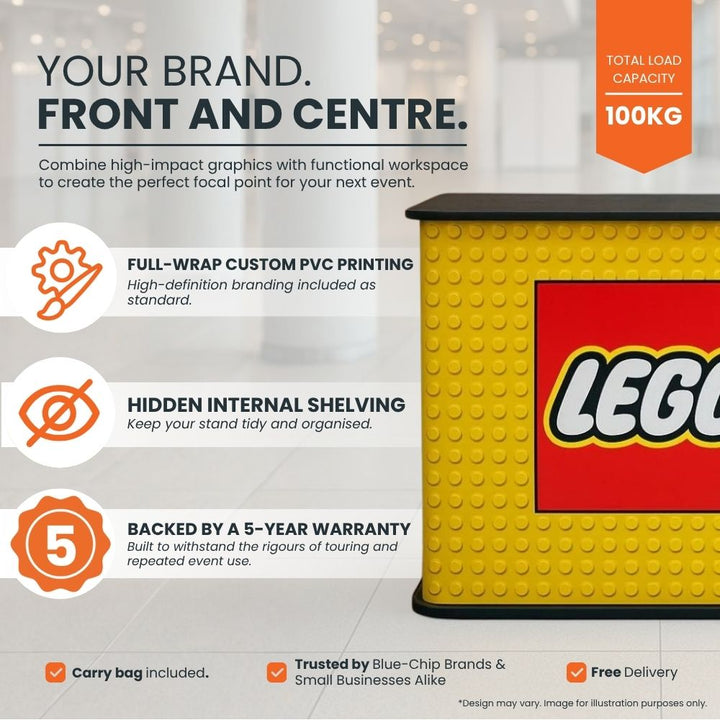 Feature panel for the 1000mm exhibition counter: full-wrap custom PVC printing included, hidden internal shelving, 5-year warranty and carry bag included.
