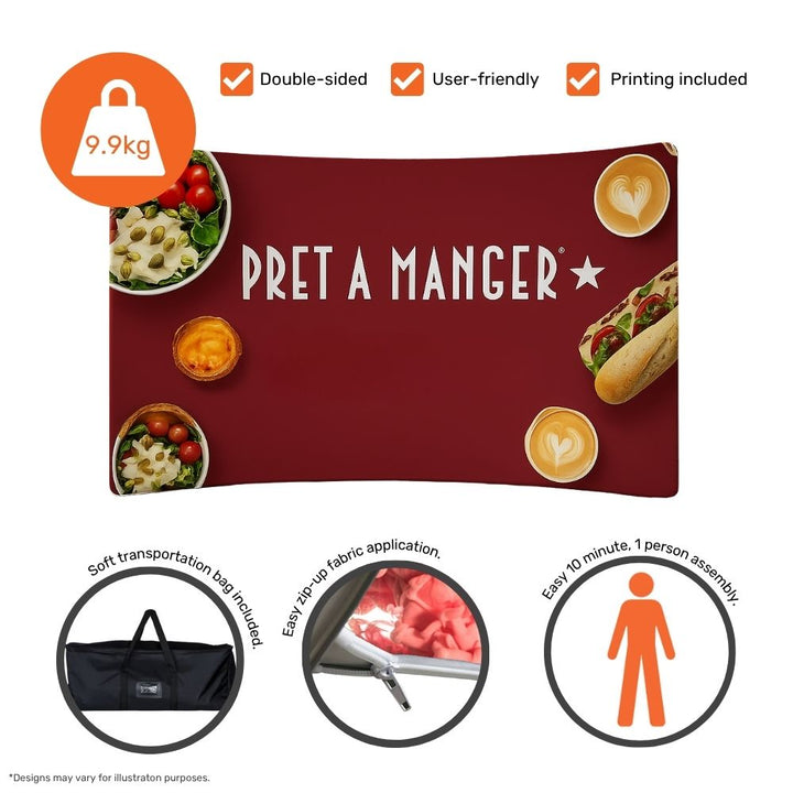 Large 5m exhibition display – curved tension fabric with double-sided print for visual merchandising and corporate events  