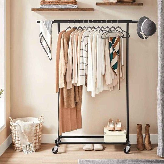 Extendable Black Steel Clothes Rail with Storage and Shoe Shelf