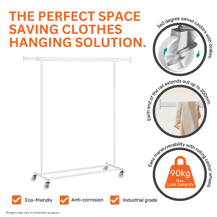Adjustable white clothes rail – steel construction with extra shelf for organised storage