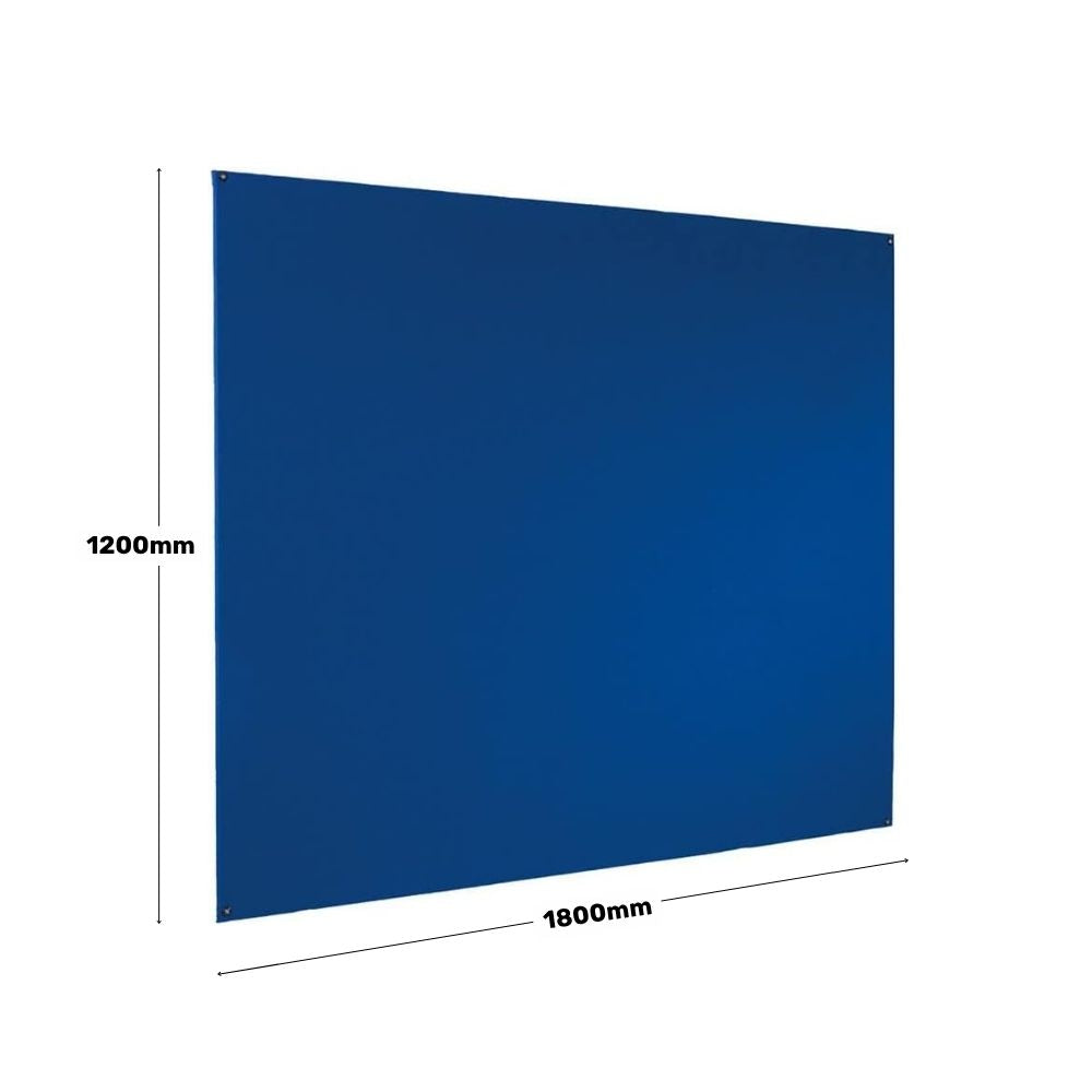 Angled view of an extra-large blue felt pinboard measuring 1800mm by 1200mm, with visible corner screw fixings and dimension labels shown on a white background.