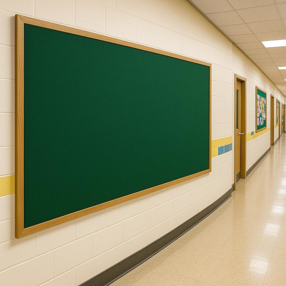 Extra-large green noticeboard with a wooden frame mounted on a cream and yellow-tiled wall in a brightly lit primary school corridor, with classroom doors and displays in the background.