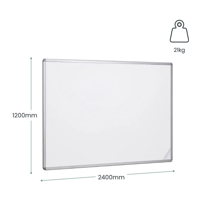 Extra large magnetic whiteboard measuring 1200mm by 2400mm, wall-mounted with aluminium frame, ideal for offices, classrooms, and conference rooms.