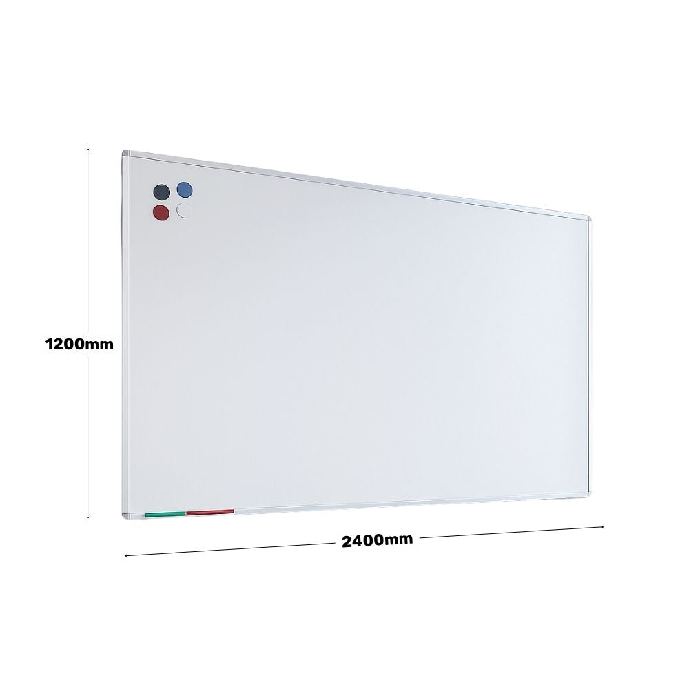 Extra-large 2400mm x 1200mm wall-mounted whiteboard with magnetic surface, coloured magnets, and marker tray, ideal for classrooms and meeting rooms.

