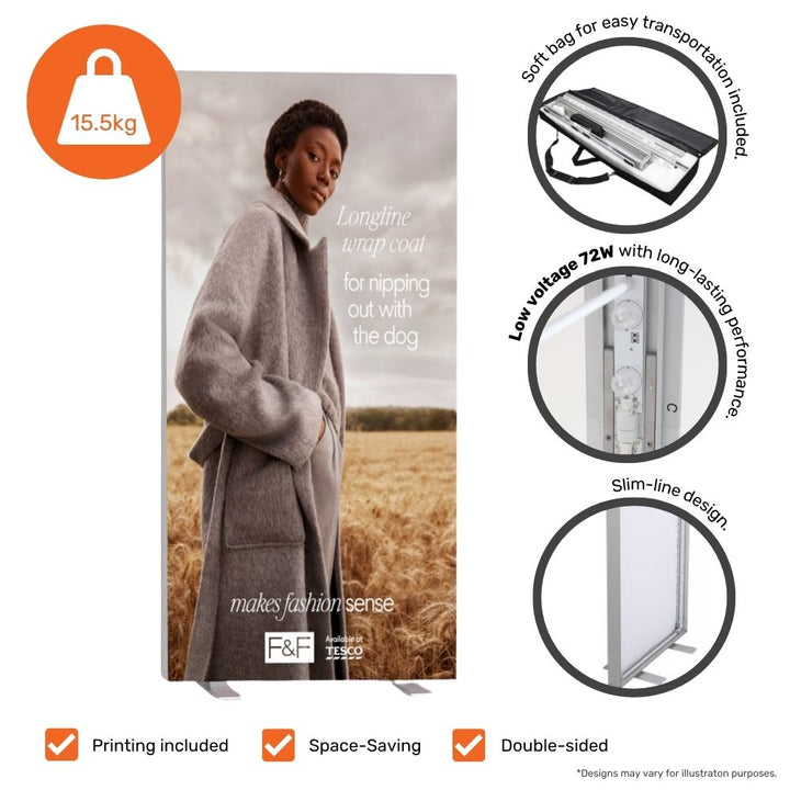 F&F branded LED lightbox display showing detailed features including soft carry bag, slim frame, and integrated 72W lighting – perfect for retail environments.

