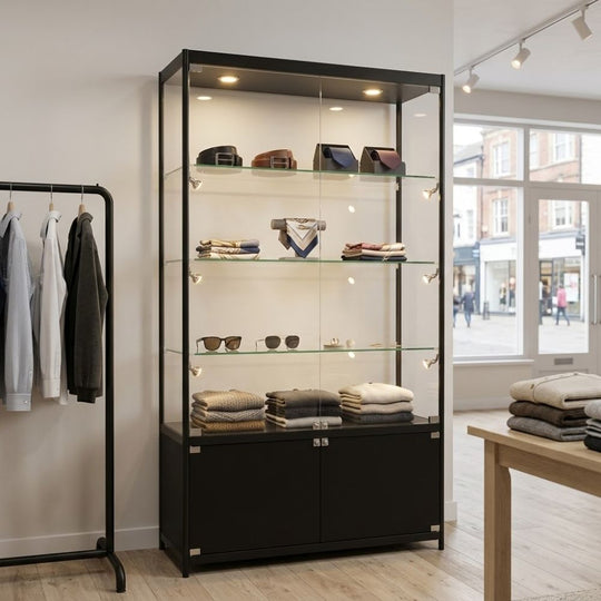 Black Aluminium Lockable Glass Storage Display Cabinet with 3 Adjustable Shelves & 10 LED Lights 1800mm High x 1000mm Wide