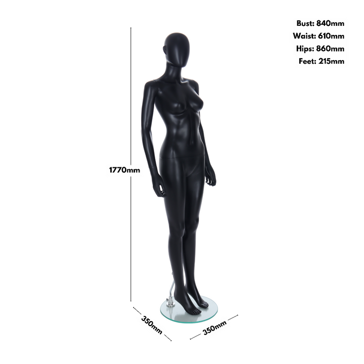 Matt black female egghead mannequin 1770mm high, bust 840mm, waist 610mm, hips 860mm, on a 350mm base, weighing 8.4kg.
