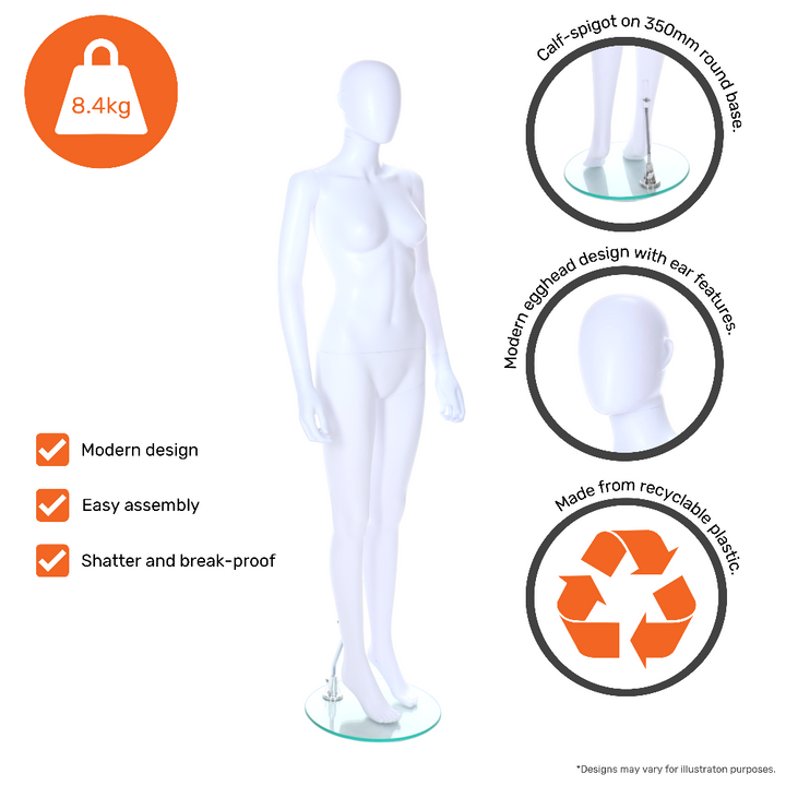 Feature panel: calf-spigot on 350mm round glass base, egghead with ear features, recyclable plastic construction, 8.4kg, shatter and break-proof.
