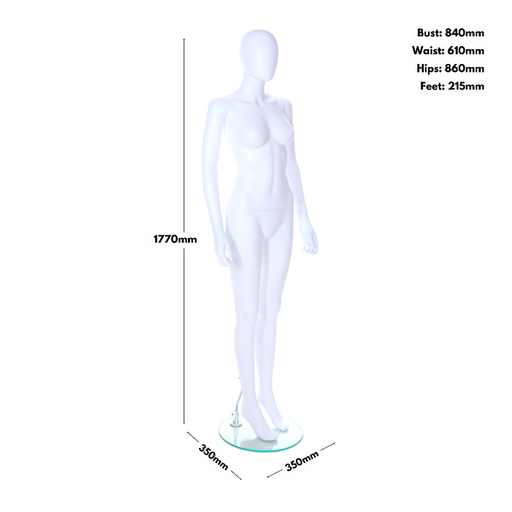 Dimension diagram of a female egghead mannequin: 1770mm tall, 350mm round base, bust 840mm, waist 610mm, hips 860mm, feet 215mm.
