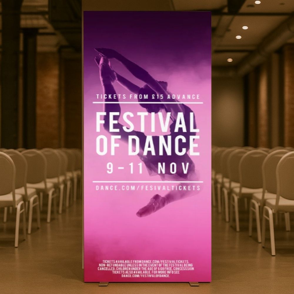 Double sided LED lightbox displaying a Festival of Dance backlit graphic panel