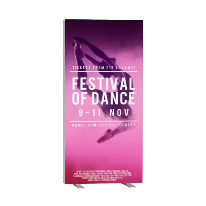 Freestanding LED lightbox with Festival of Dance poster in purple hues, highlighting event dates and ticket URL

