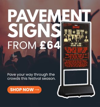Festival pavement sign used for outdoor event advertising, displayed against a live music crowd with pavement signs available from £59.
