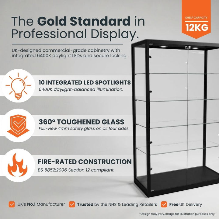 12kg shelf capacity, 10 integrated 6400K daylight LED spotlights, 360° toughened 4mm safety glass, BS 5852:2006 Section 12 fire-rated, secure locking, free UK delivery.

