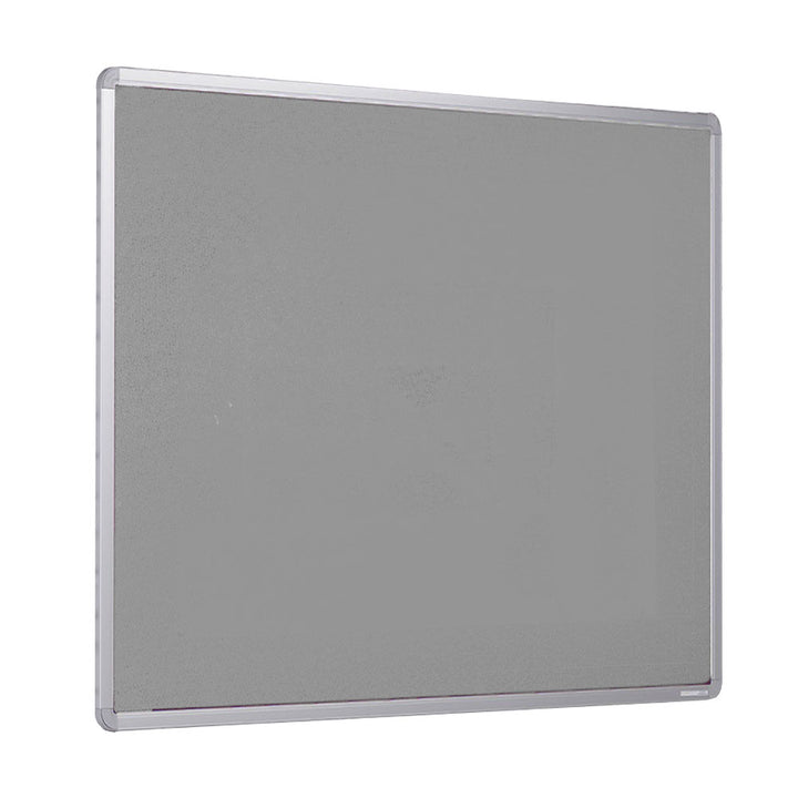 Angled cut-out of a grey felt fire retardant noticeboard in a satin silver aluminium frame, showing capped corner fixings and open felt surface.
