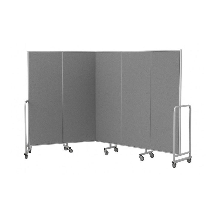 Five-panel room divider with muted grey felt surfaces and a silver metal frame, featuring lockable castor wheels and foldable design, displayed on a plain white background.
