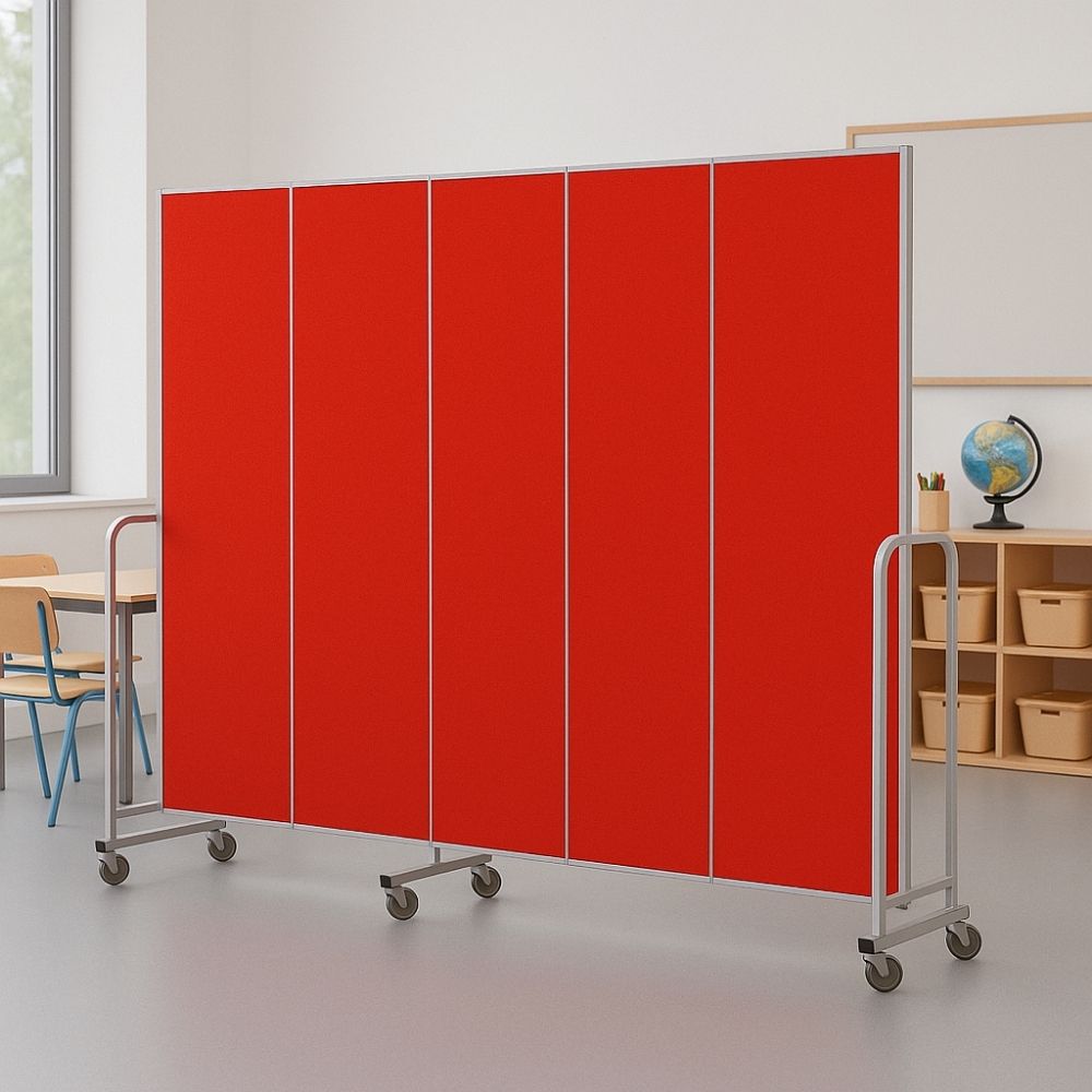 Five-panel red room divider with silver frame and wheels, placed in a modern classroom next to wooden storage shelves with baskets, desks, and a globe.