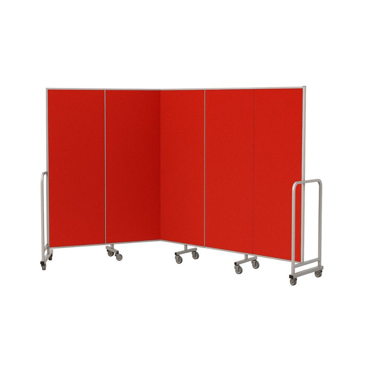 Bright red five-panel room divider with silver metal frame and lockable castor wheels, designed for flexible space separation, shown on a white background.

