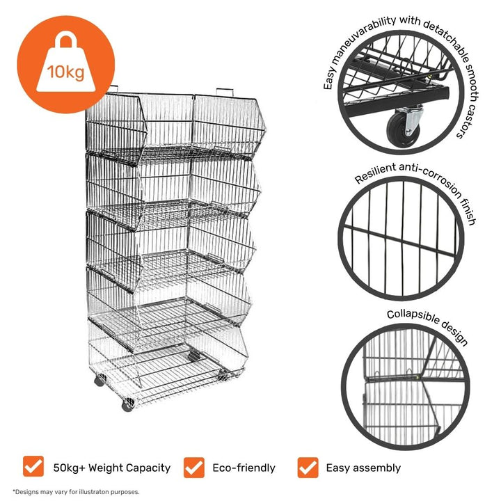 Feature panel: detachable smooth castors, anti-corrosion finish, collapsible design, 50kg+ weight capacity, eco-friendly, easy assembly, 10kg unit weight.

