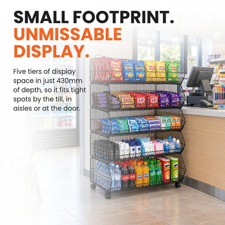 Five-tier powder-coated steel wire retail display rack with deep open baskets and a compact 430mm footprint.