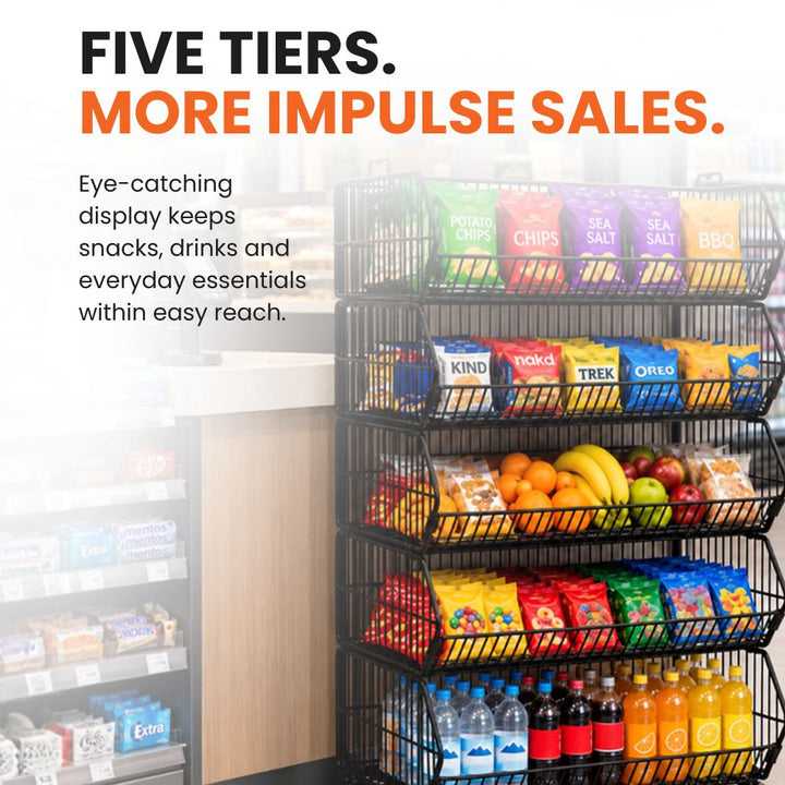 Five-tier black steel wire retail display rack with powder-coated finish and open-front merchandising baskets.