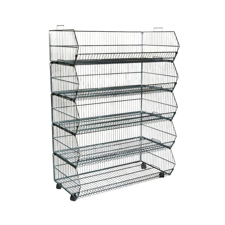 Five-tier wire stacking basket unit in silver finish, empty and shown on a white background, with four castors and angled forward-facing baskets.
