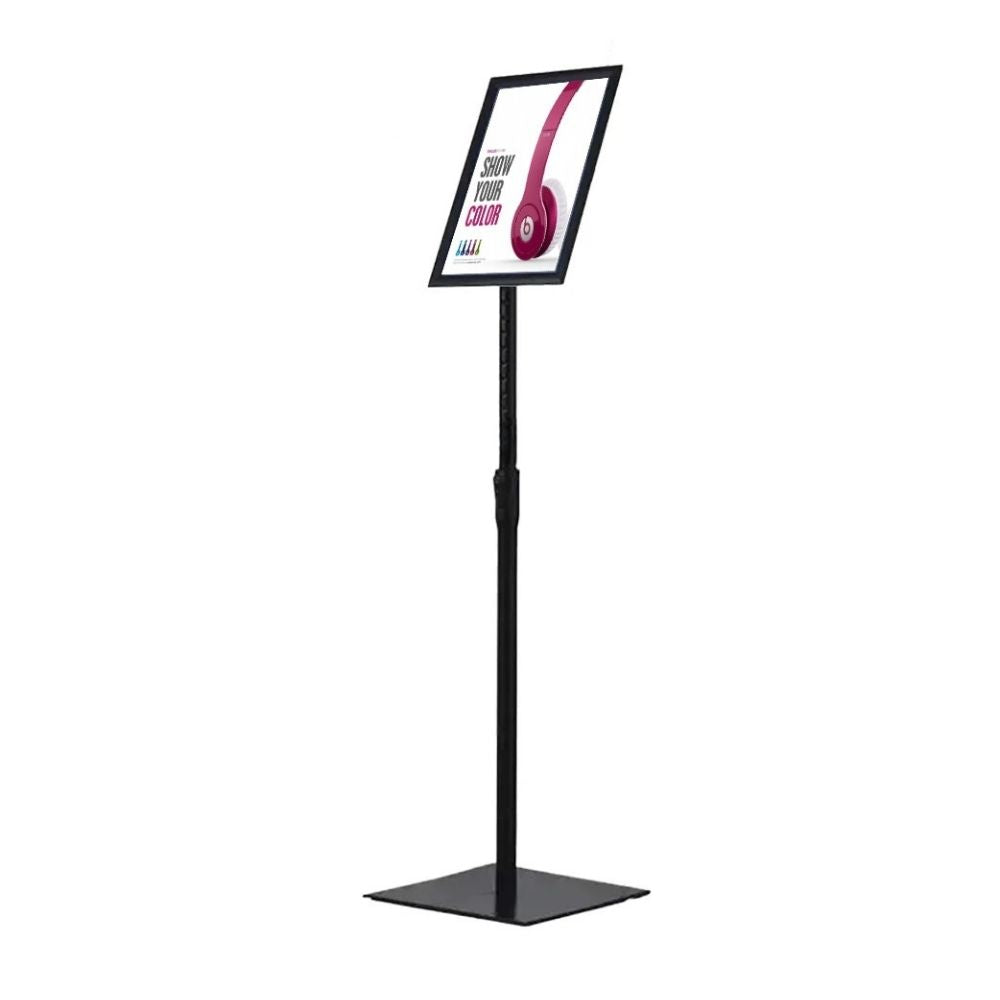 Freestanding A4 snap frame poster stand in black, featuring a rotating 360-degree design with a secure square base.
