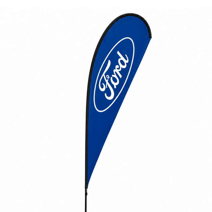 Ford logo teardrop banner in blue and white designed for outdoor vehicle dealership promotions, events and roadside marketing displays.