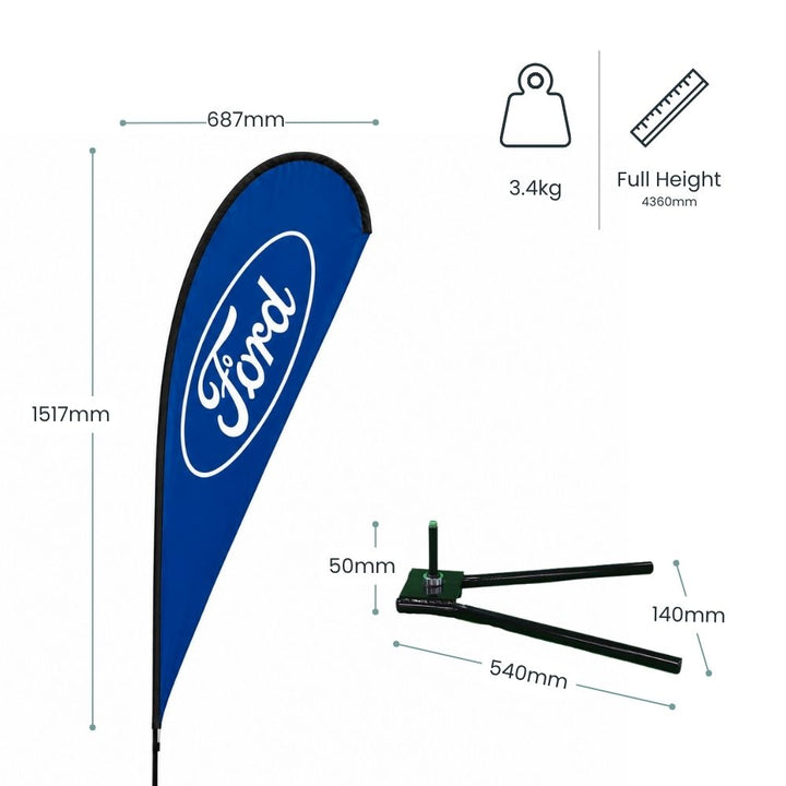 Technical specification image showing Ford teardrop flag dimensions with outdoor ground spike base and 4360mm full display height for promotional signage.