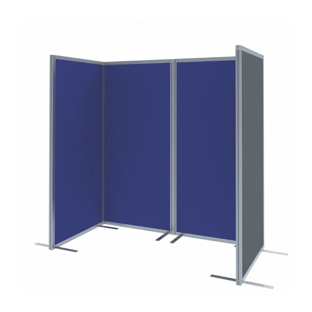 Four-panel room divider with blue fabric on the front and grey felt on the reverse, silver frame and stabilising feet, designed to form a corner partition.

