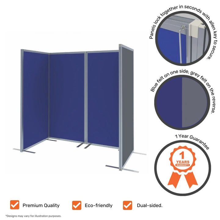 Four-panel blue divider with icons highlighting premium quality, eco-friendly material, dual-sided blue and grey felt, and 1-year guarantee. Includes close-up of locking mechanism.

