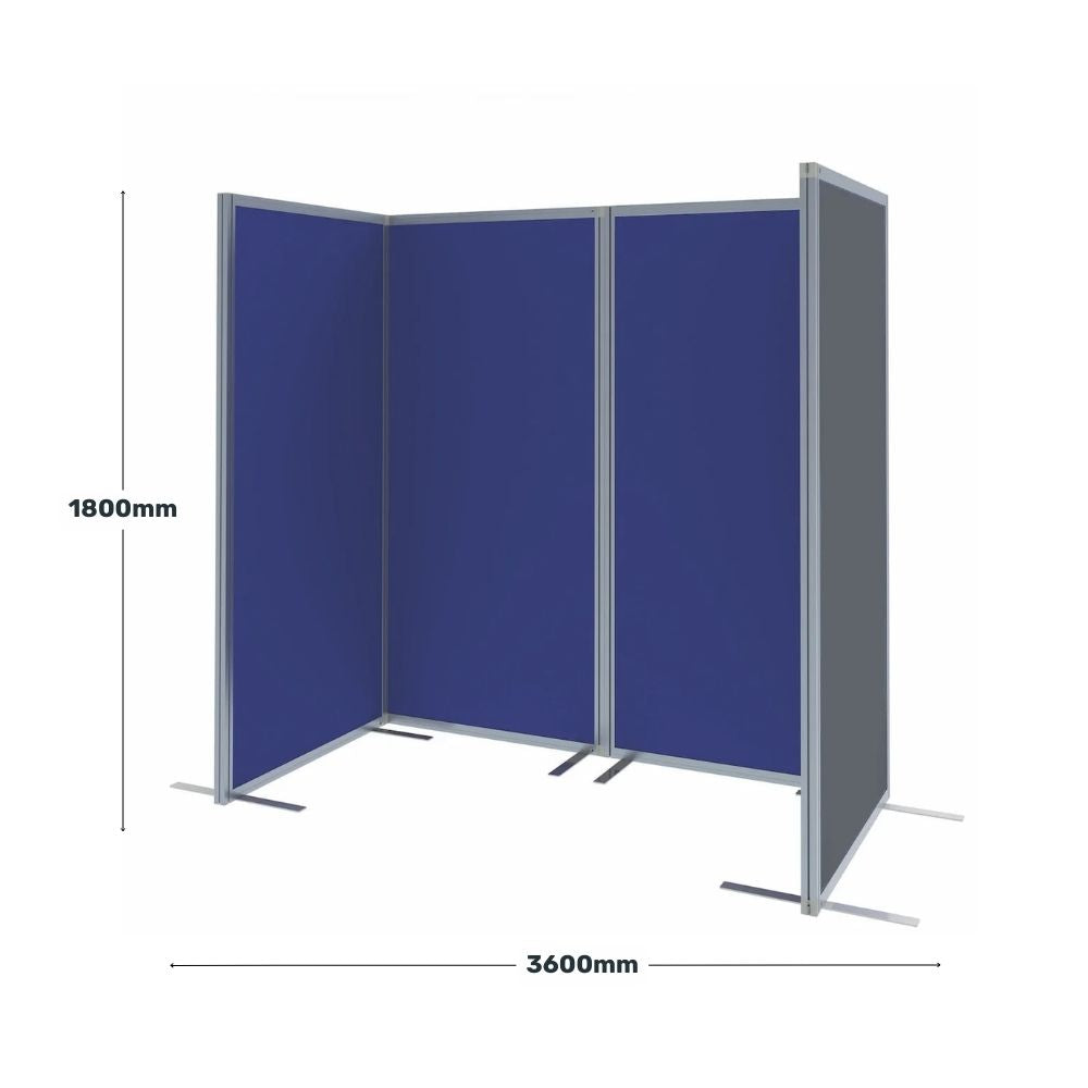 Diagram of four-panel blue room divider showing overall dimensions of 1800mm height and 3600mm width with flat metal feet and silver frame.

