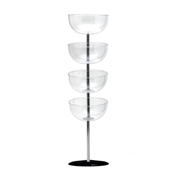 Four empty clear acrylic bowls on a chrome pole with a weighted black base — the construction view of a freestanding queue-line impulse merchandising tower.
