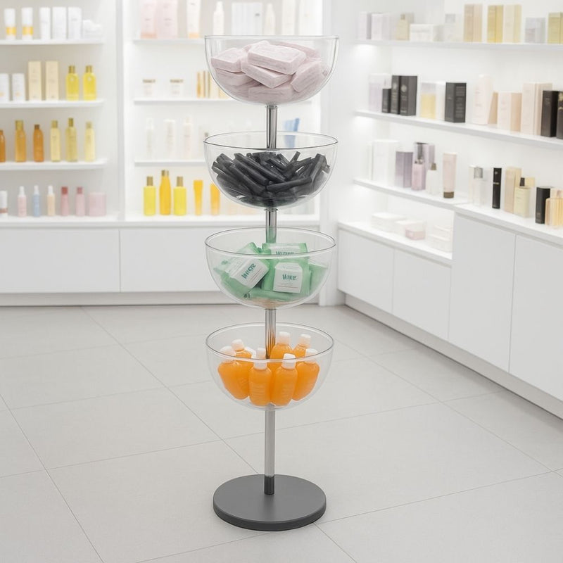 Freestanding retail display unit featuring four clear polycarbonate bowls filled with assorted toiletries including soaps, bottles, and packaged goods, set in a bright modern shop interior.

