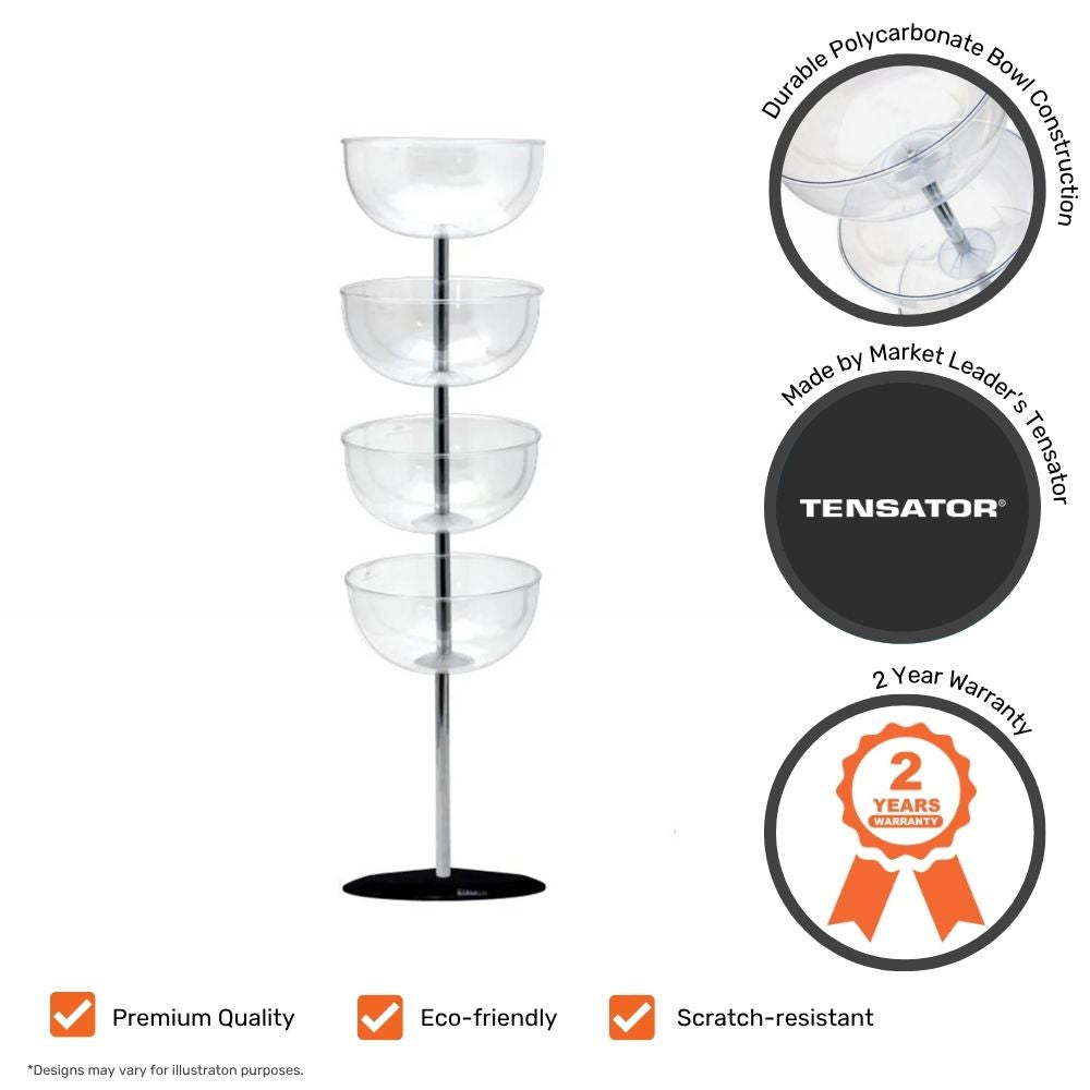 Empty four-tier clear bowl display stand with chrome base and central pole, shown alongside feature highlights including eco-friendly materials, polished chrome finish, and durable bowl construction.



