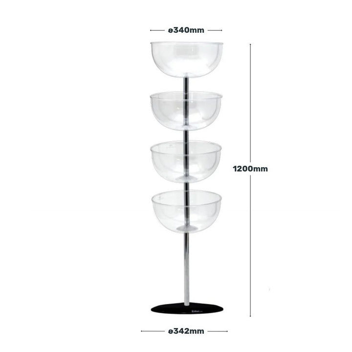 Technical diagram of a four-tier merchandising stand with polycarbonate bowls, chrome central pole, and black base, showing overall height of 1200mm and bowl diameters of 340mm and 342mm.