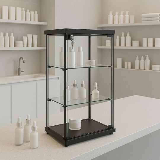 Frameless Black Wood Lockable Glass Display Cabinet with 2 Shelves – Countertop Showcase