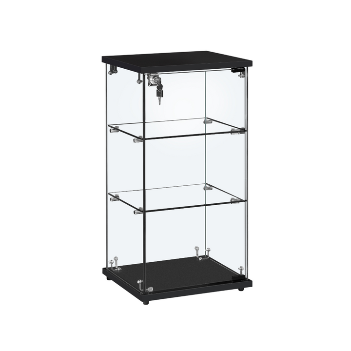 Black wooden countertop cabinet – frameless glass design with lockable doors and twin internal shelves for secure merchandising