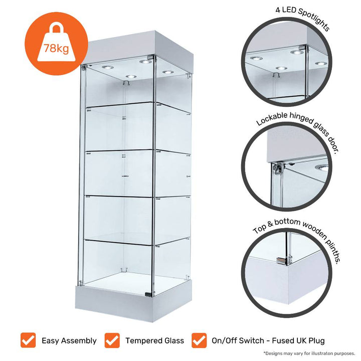 Feature panel for a frameless glass display cabinet with four LED spotlights, a lockable hinged glass door and wooden plinths top and bottom for showcasing valuables.
