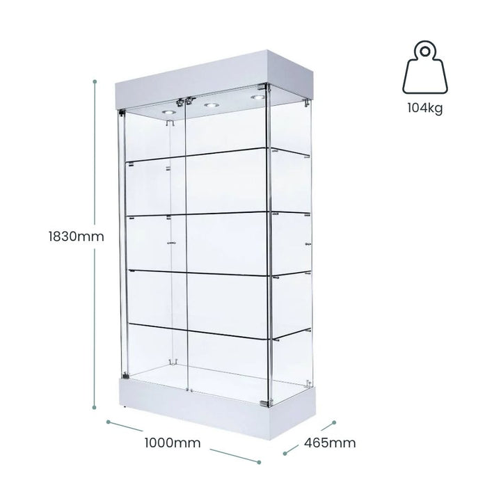 Dimension drawing: white frameless glass display cabinet 1830mm tall, 1000mm wide, 465mm deep, unit weight 104kg, four glass shelves shown.
