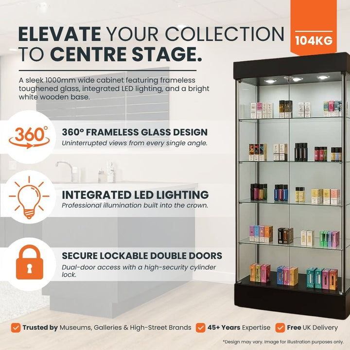 Lockable double doors, 360-degree frameless glass and crown-mounted LEDs on this 104kg black showcase cabinet, trusted by high street retailers at 1000mm wide.

