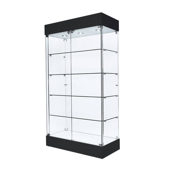 Frameless glass display cabinet with a black top and plinth, four glass shelves and three top-mounted spotlights, for showing stock behind glass on all sides.
