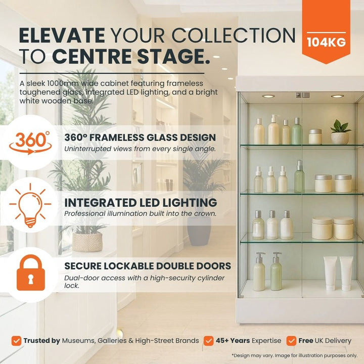 Feature panel: 360-degree frameless glass construction, crown-mounted LED lighting, lockable double doors with cylinder lock, 104kg unit weight.
