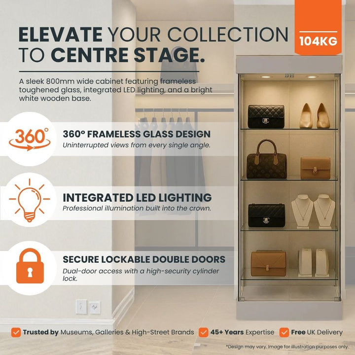 Feature panel for a frameless toughened glass display cabinet with integrated LED lighting and lockable double doors, presenting handbags and jewellery in retail.