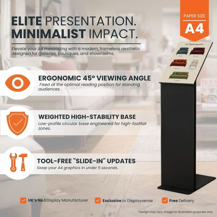 Feature panel for the frameless A4 poster stand: 45° viewing angle for standing readers, weighted high-stability base for high-footfall zones, and tool-free slide-in graphic changes in under five seconds, with free UK delivery.
