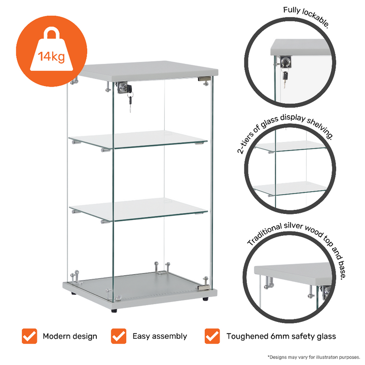 Silver wood retail cabinet – compact frameless glass display with 2 internal shelves and secure locking