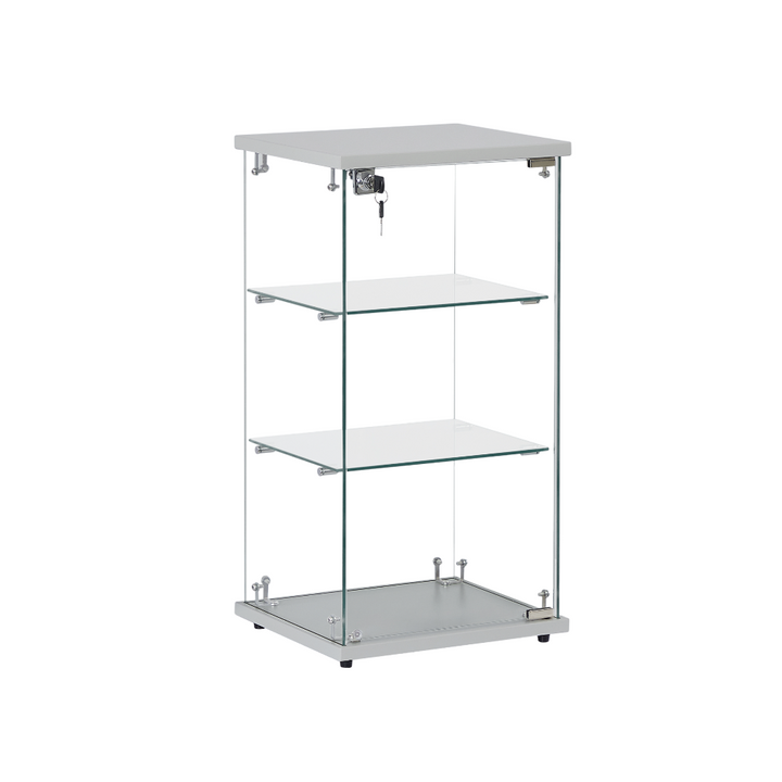 Countertop glass showcase – frameless silver wood cabinet with two display shelves and lockable access