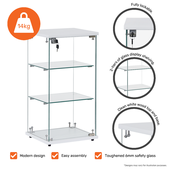 Retail display cabinet – frameless white wooden countertop unit with lock and two glass shelves for secure visibility