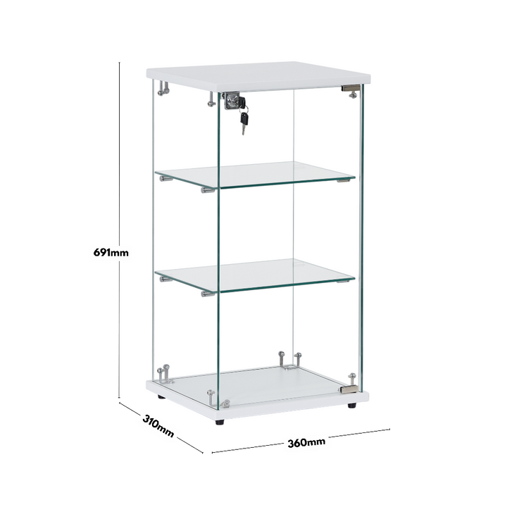 Countertop display in white – frameless wooden cabinet with two-tier glass shelving and lockable access