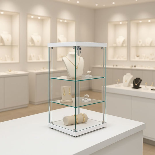 Frameless White Wood Lockable Glass Display Cabinet with 2 Shelves – Countertop Showcase